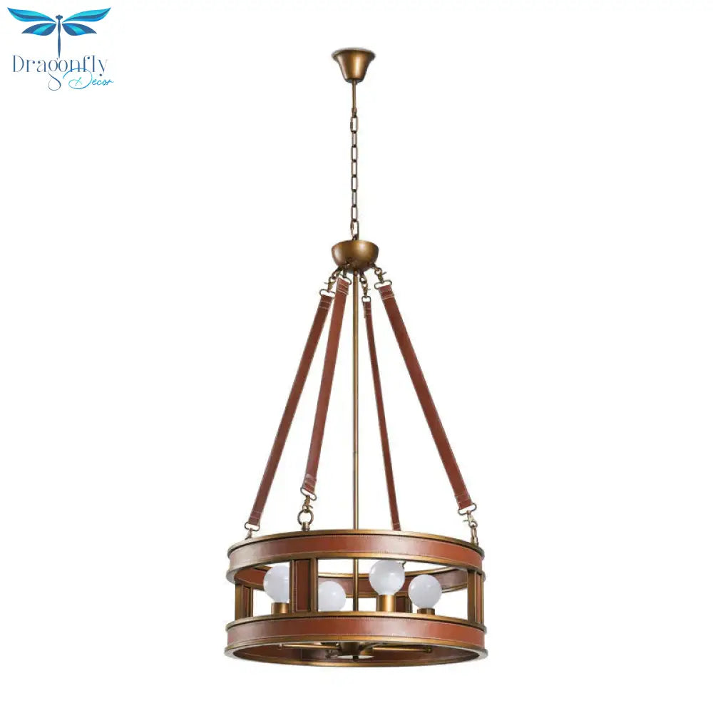Brown Round Chandelier Lamp Country Style Metal 4 Lights Living Room Hanging Fixture