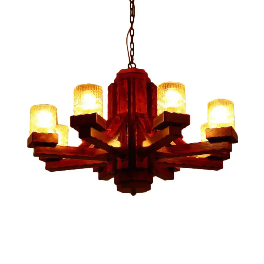 Brown Sputnik Hanging Chandelier Rustic Wood 8 Lights Living Room Ceiling Fixture With Cylinder