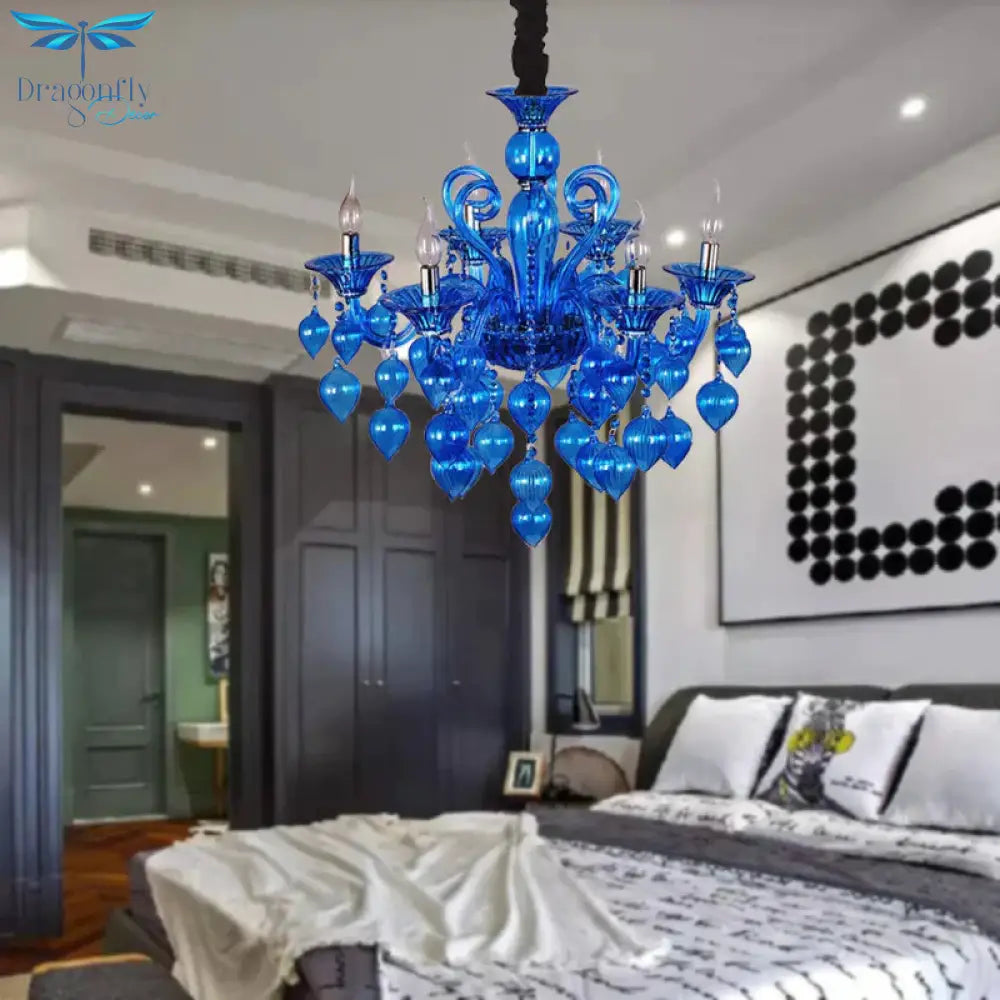 Candelabra Crystal Drop Ceiling Light Traditional 6 Heads Living Room Chandelier Lighting In
