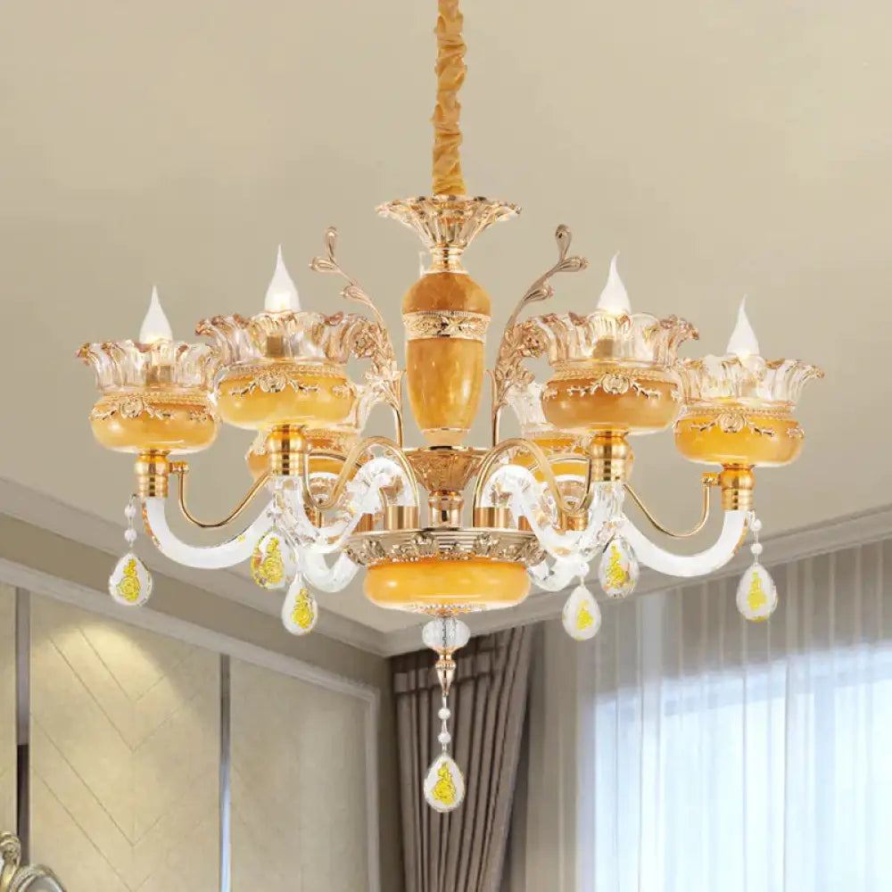 Candelabra Dinning Room Pendant Traditional Crystal Raindrops 6 Bulbs Yellow Chandelier