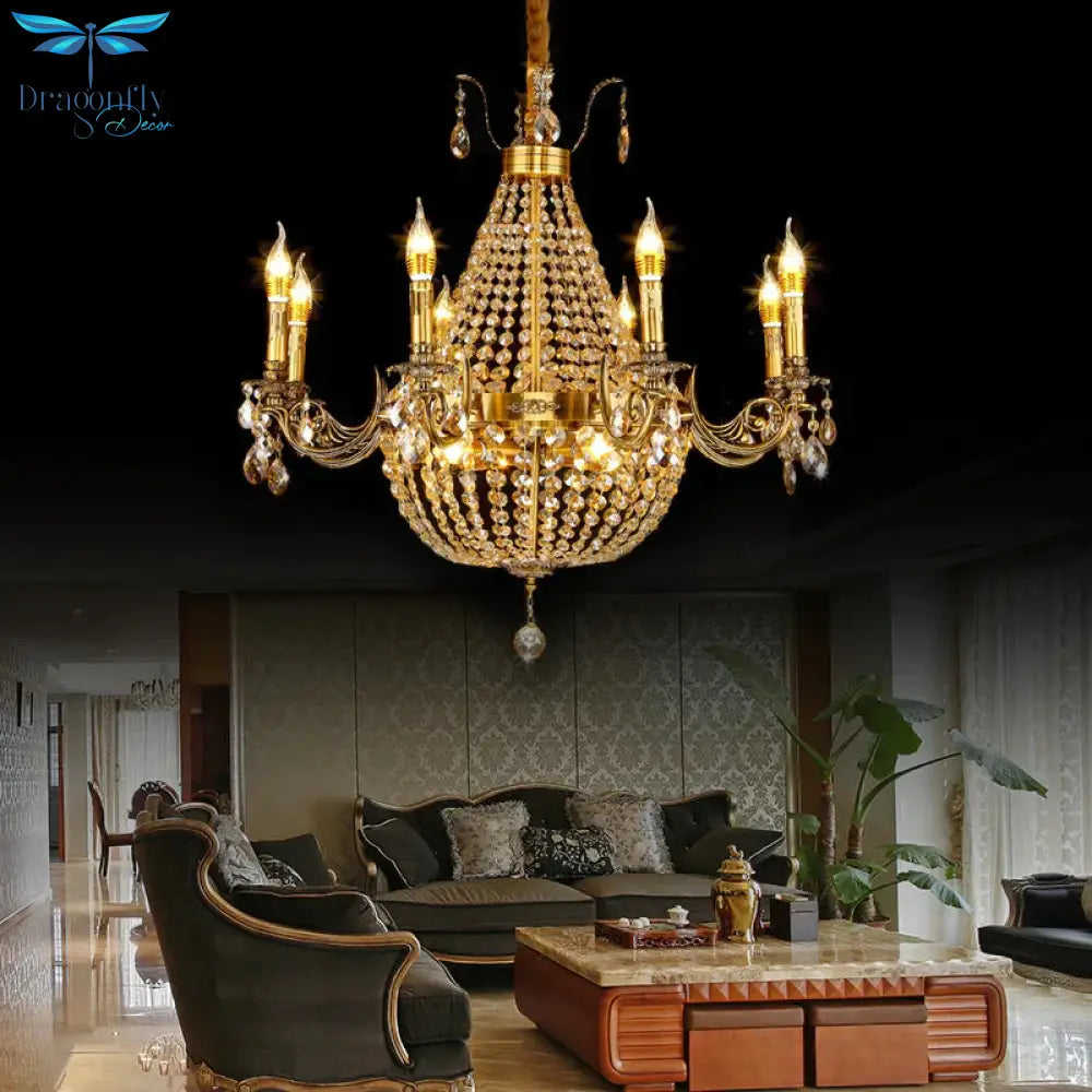 Candelabra Hanging Light Contemporary Metal 2/6/8 Lights Gold Chandelier With Crystal Strand