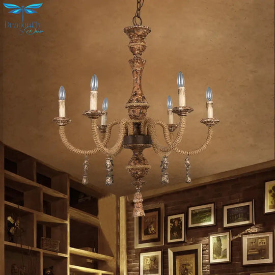 Candelabra Metal Ceiling Light Rustic 6 - Bulb Living Room Pendant Chandelier In Brown