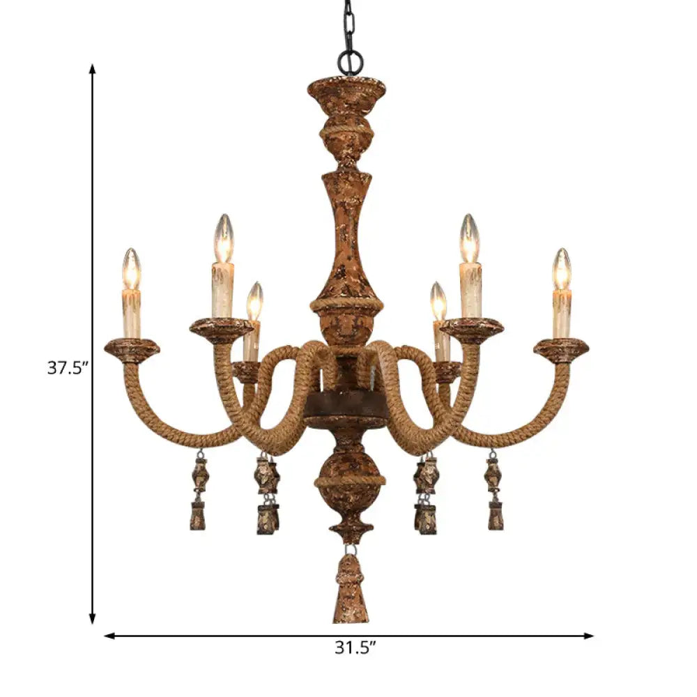 Candelabra Metal Ceiling Light Rustic 6 - Bulb Living Room Pendant Chandelier In Brown
