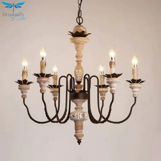 Candelabra Wood Hanging Light With Gooseneck Arm Minimalism 6 - Bulb Restaurant Chandelier Lighting