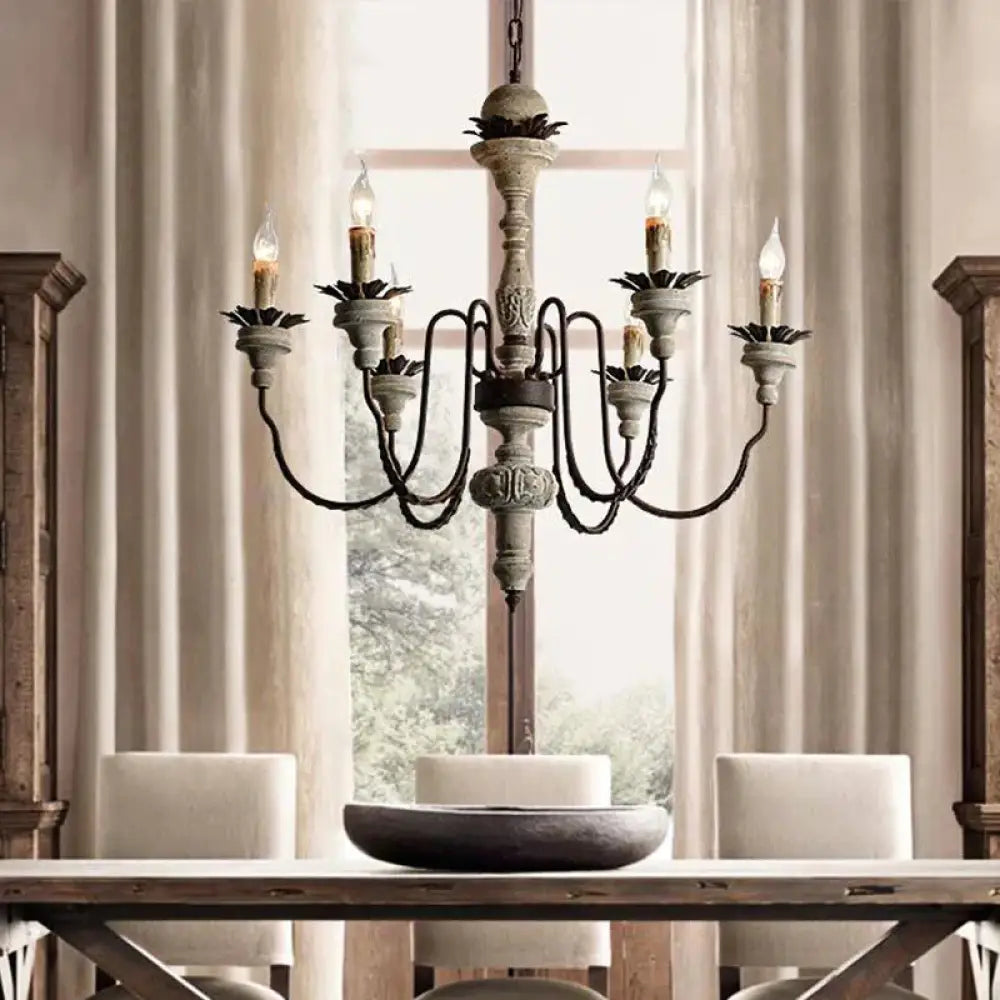 Candelabra Wood Hanging Light With Gooseneck Arm Minimalism 6 - Bulb Restaurant Chandelier Lighting