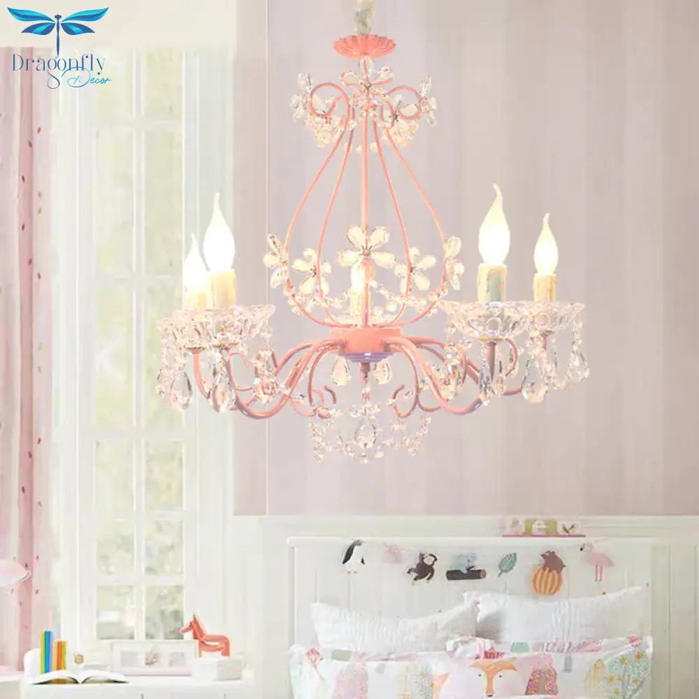 Candle Bedroom Ceiling Chandelier Traditional K9 Crystal 3/5 Heads Pink Hanging Light Fixture