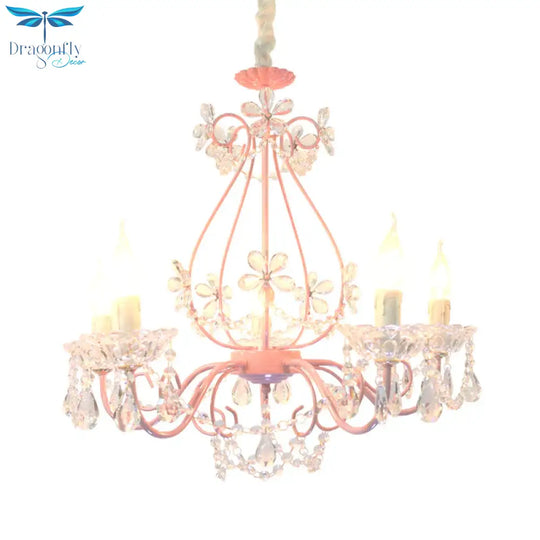 Candle Bedroom Ceiling Chandelier Traditional K9 Crystal 3/5 Heads Pink Hanging Light Fixture
