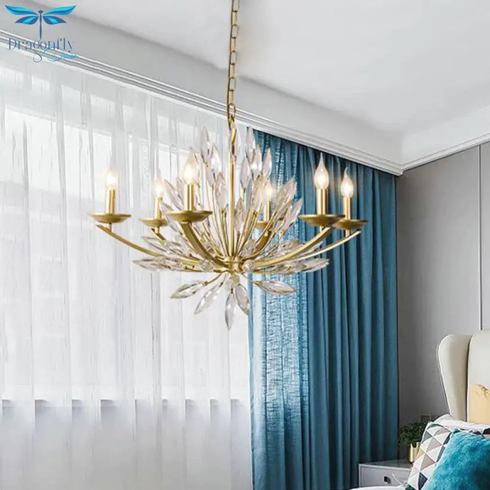 Candle Bedroom Pendant Chandelier Countryside Crystal 6/8 Lights Gold Hanging Ceiling Light