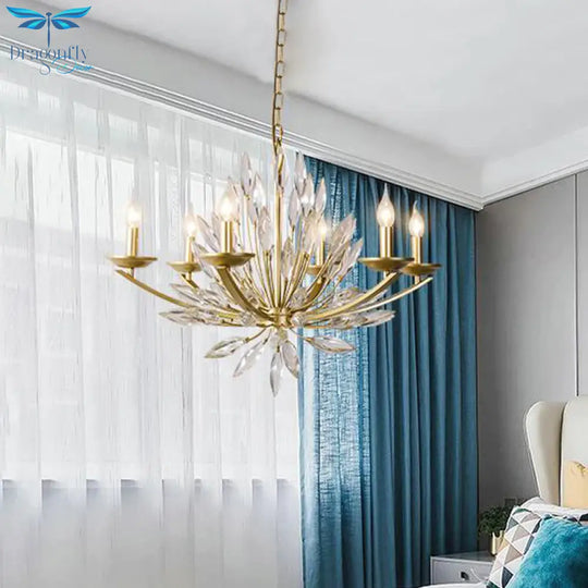 Candle Bedroom Pendant Chandelier Countryside Crystal 6/8 Lights Gold Hanging Ceiling Light