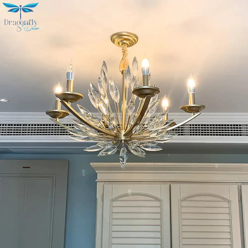 Candle Bedroom Pendant Chandelier Countryside Crystal 6/8 Lights Gold Hanging Ceiling Light