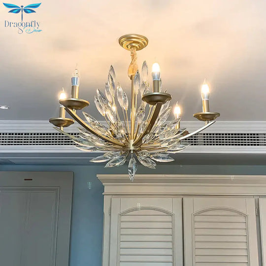 Candle Bedroom Pendant Chandelier Countryside Crystal 6/8 Lights Gold Hanging Ceiling Light