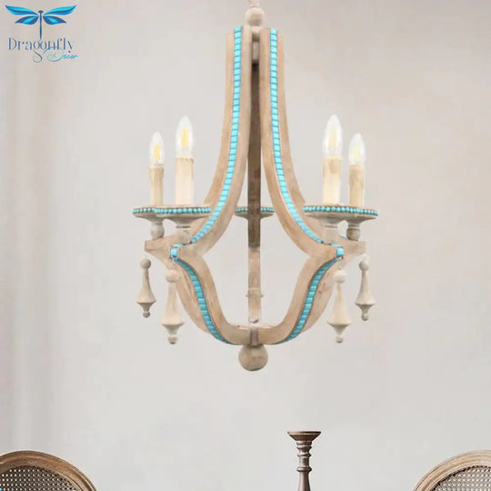 Candle Chandelier Light Rustic Wood 5 Heads Beige Hanging Lamp Kit For Living Room