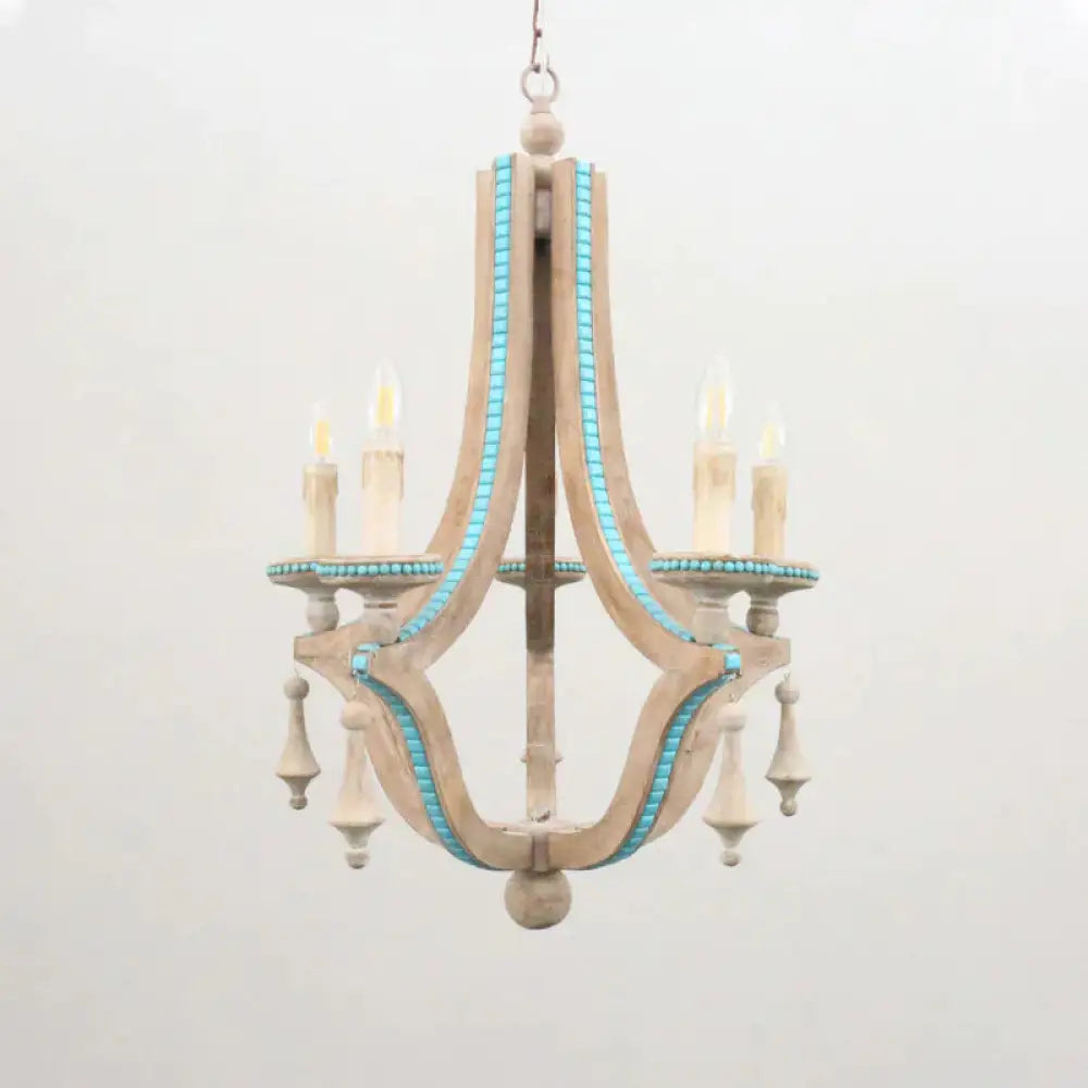 Candle Chandelier Light Rustic Wood 5 Heads Beige Hanging Lamp Kit For Living Room
