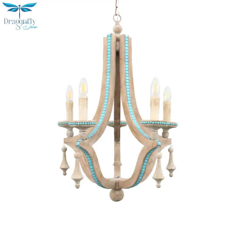 Candle Chandelier Light Rustic Wood 5 Heads Beige Hanging Lamp Kit For Living Room