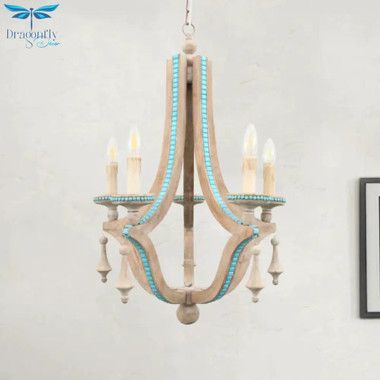 Candle Chandelier Light Rustic Wood 5 Heads Beige Hanging Lamp Kit For Living Room