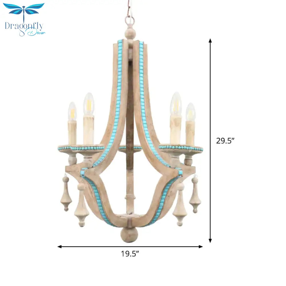 Candle Chandelier Light Rustic Wood 5 Heads Beige Hanging Lamp Kit For Living Room