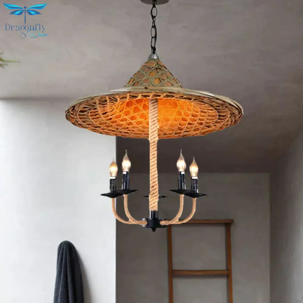 Candle Chandelier Lighting With Hat Design Lodge Style Rattan 5 Lights Beige Hanging Lamp For