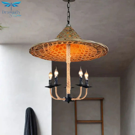 Candle Chandelier Lighting With Hat Design Lodge Style Rattan 5 Lights Beige Hanging Lamp For