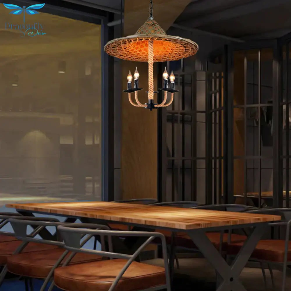 Candle Chandelier Lighting With Hat Design Lodge Style Rattan 5 Lights Beige Hanging Lamp For