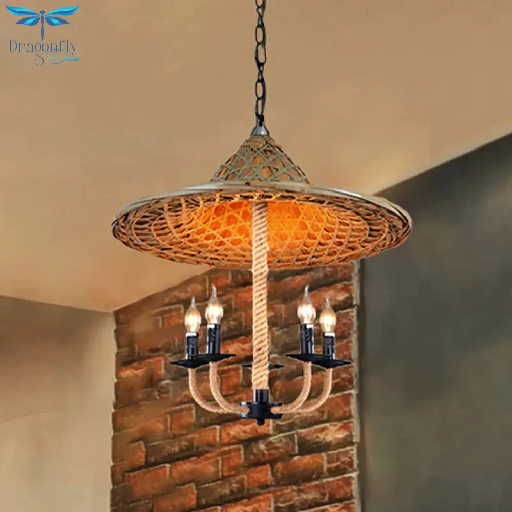 Candle Chandelier Lighting With Hat Design Lodge Style Rattan 5 Lights Beige Hanging Lamp For