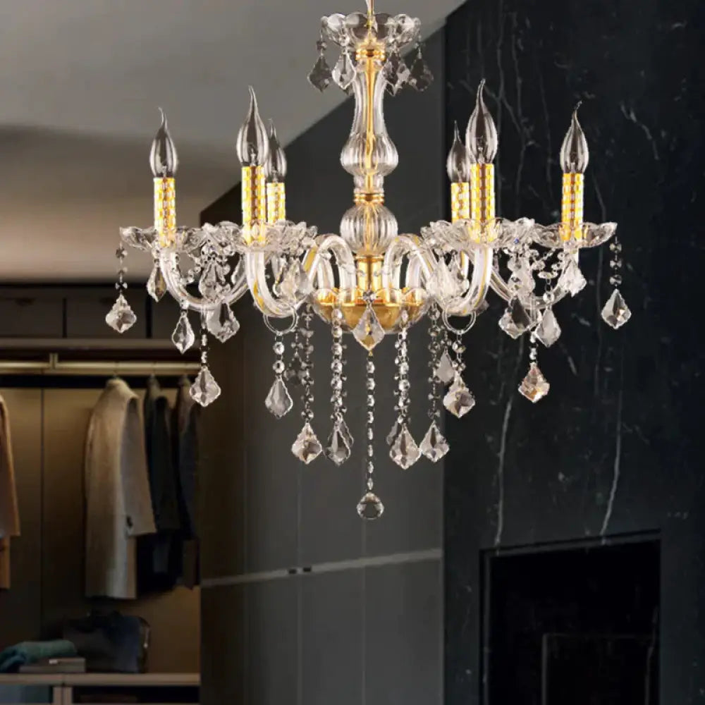 Candle Crystal Orb Chandelier Light Traditional 6 Heads Dining Room Hanging Ceiling In Gold