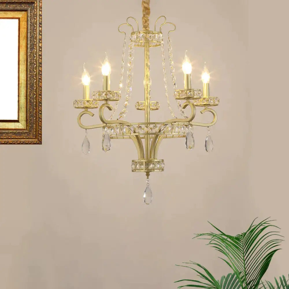 Candle Crystal Teardrops Chandelier Traditional 5 Bulbs Dinning Room Suspension Light In Gold