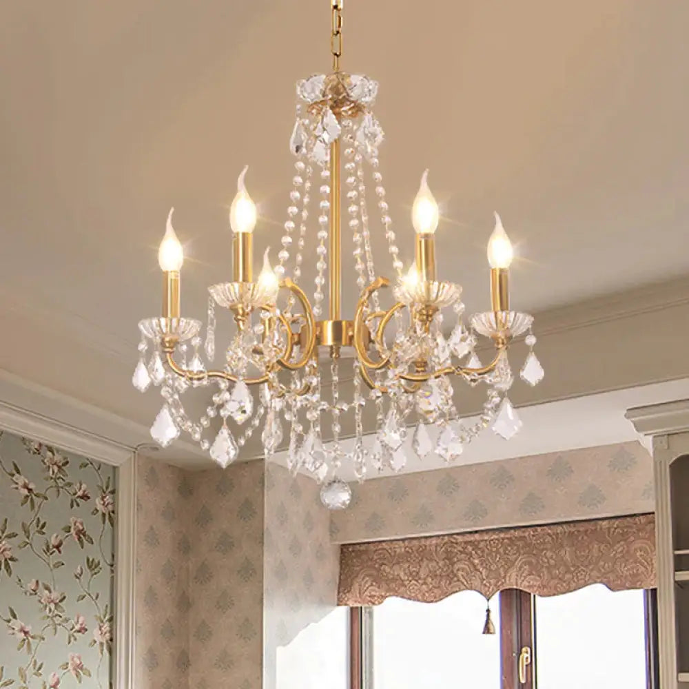 Candle Dining Lobby Ceiling Chandelier Antiqued Crystal 6 - Light Gold Pendant Lighting Fixture