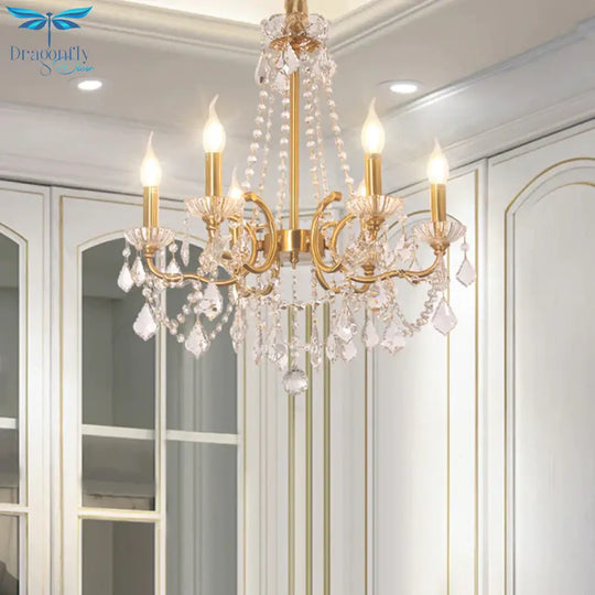 Candle Dining Lobby Ceiling Chandelier Antiqued Crystal 6 - Light Gold Pendant Lighting Fixture
