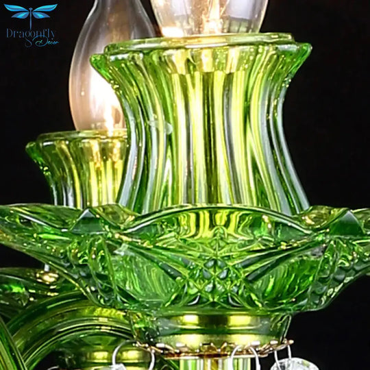 Candle Green Glass Chandelier Lamp Traditional 6 Heads Dining Room Hanging Ceiling Light With