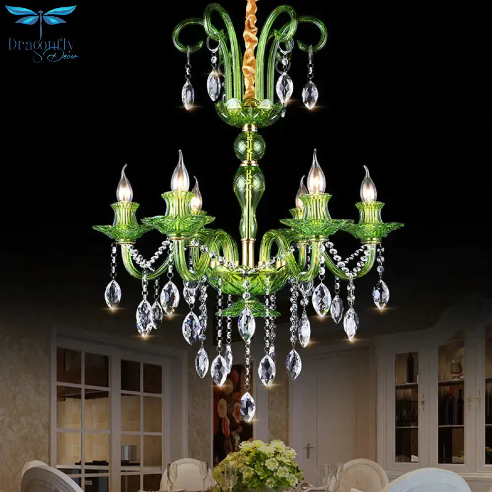 Candle Green Glass Chandelier Lamp Traditional 6 Heads Dining Room Hanging Ceiling Light With