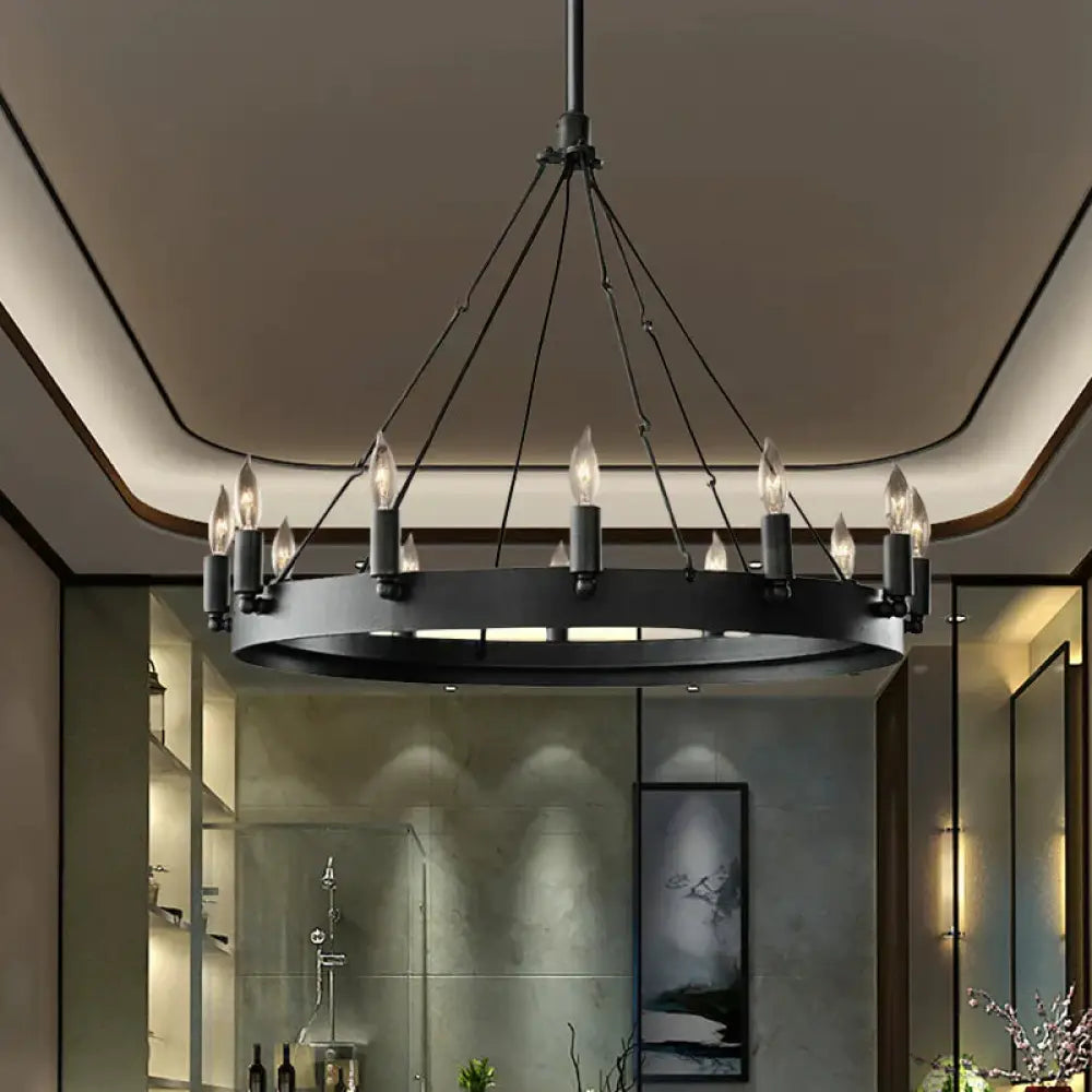 Candle Iron Suspension Lamp Countryside 12 - Head Coffee Shop Wagon Wheel Chandelier Lighting In