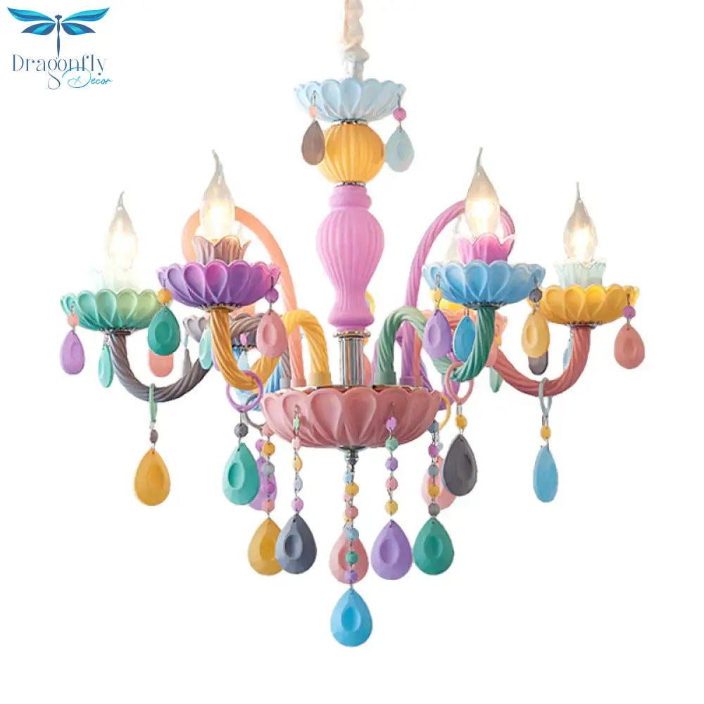 Candle Kid Bedroom Chandelier Glass Macaron Style Multi - Color Suspension Light With Teardrop