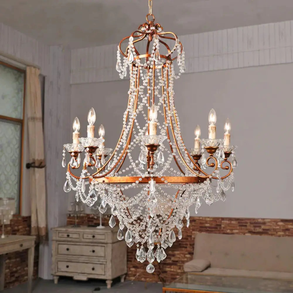 Candle Living Room Chandelier Lamp Countryside Crystal 8 Lights Brass Pendant Ceiling Light