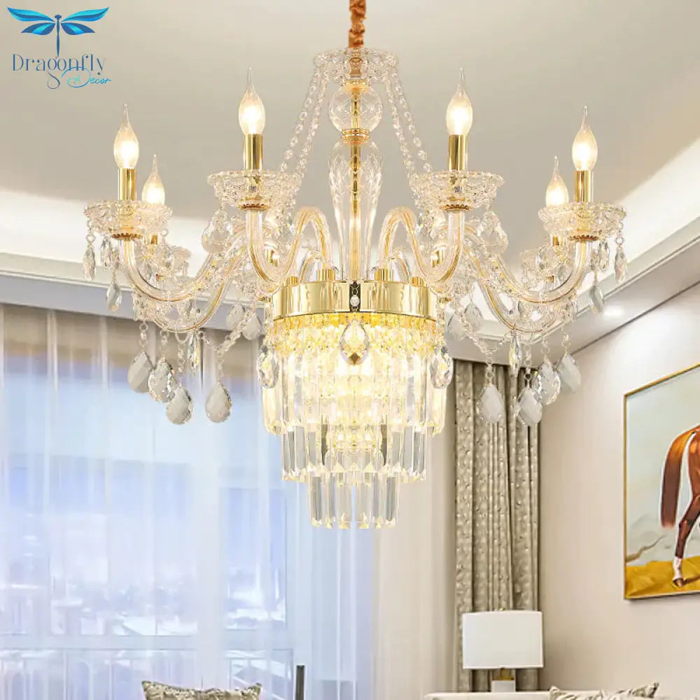 Candle Living Room Chandelier Lighting Traditional Clear Crystal 6 Lights Chrome/Gold Hanging Lamp
