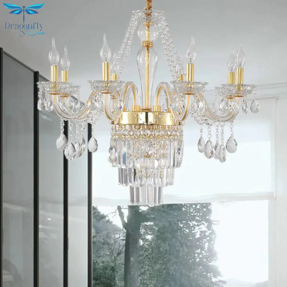 Candle Living Room Chandelier Lighting Traditional Clear Crystal 6 Lights Chrome/Gold Hanging Lamp