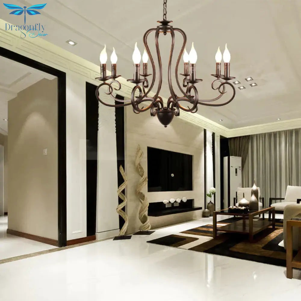 Candle Living Room Hanging Chandelier Traditionary Metal 6/8 Heads Black Ceiling Pendant Light