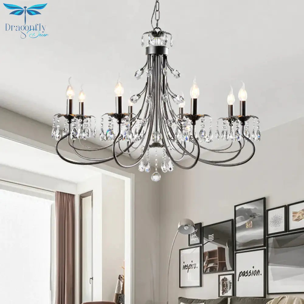 Candle Living Room Pendant Traditionalism Beveled Crystal Prism 6/8 Bulbs Black Chandelier