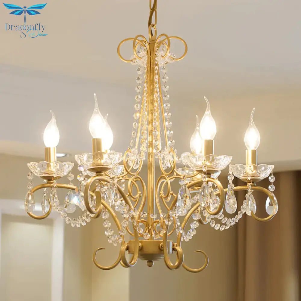 Candle Metal And Crystal Ceiling Light Traditional 3/6 Lights Living Room Chandelier With Gold