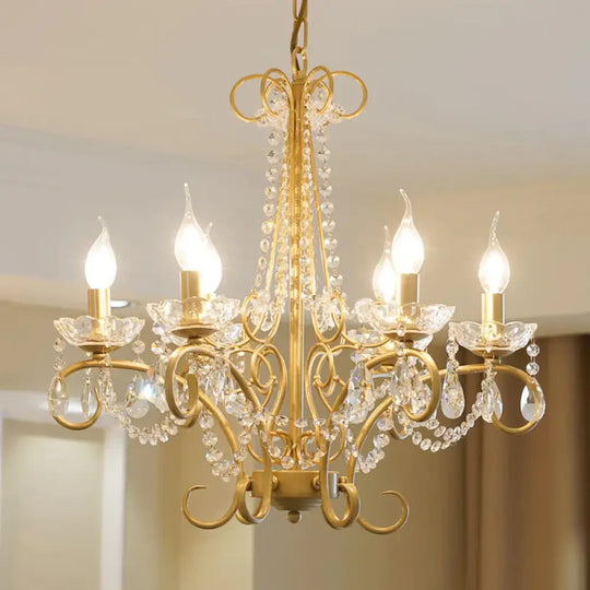 Candle Metal And Crystal Ceiling Light Traditional 3/6 Lights Living Room Chandelier With Gold