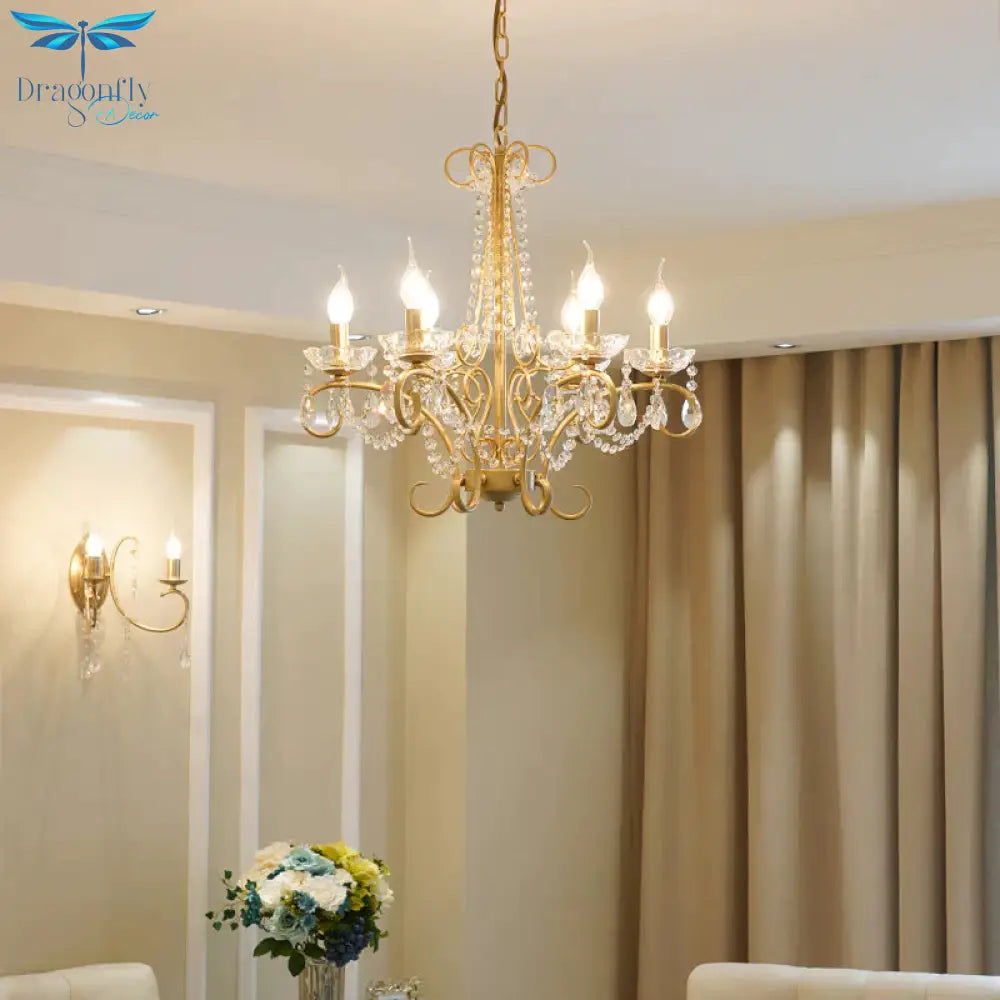 Candle Metal And Crystal Ceiling Light Traditional 3/6 Lights Living Room Chandelier With Gold