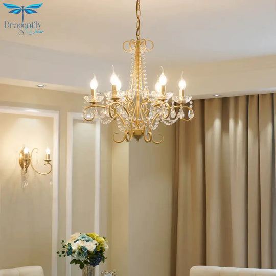 Candle Metal And Crystal Ceiling Light Traditional 3/6 Lights Living Room Chandelier With Gold