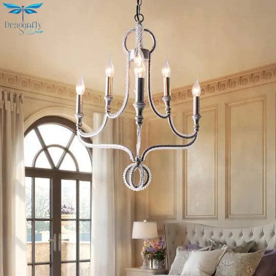 Candle Metal Chandelier Light Fixture Traditional 5 Lights Living Room Ceiling In Rust With Crystal