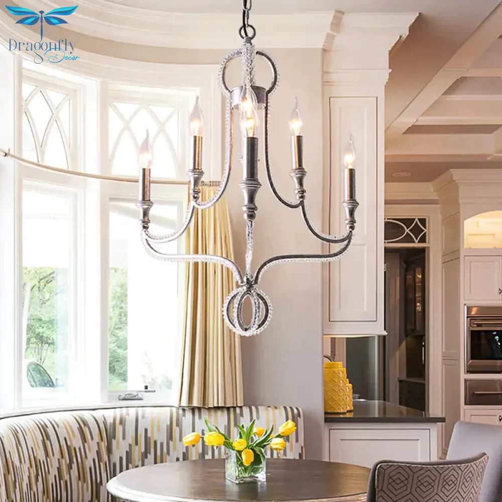 Candle Metal Chandelier Light Fixture Traditional 5 Lights Living Room Ceiling In Rust With Crystal