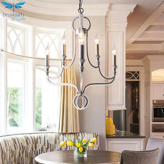 Candle Metal Chandelier Light Fixture Traditional 5 Lights Living Room Ceiling In Rust With Crystal