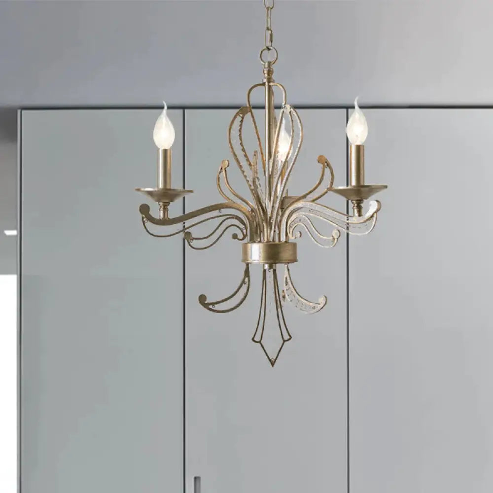 Candle Metal Hanging Chandelier Tradition 3 Bulbs Antique Brass Ceiling Pendant Light With Crystal