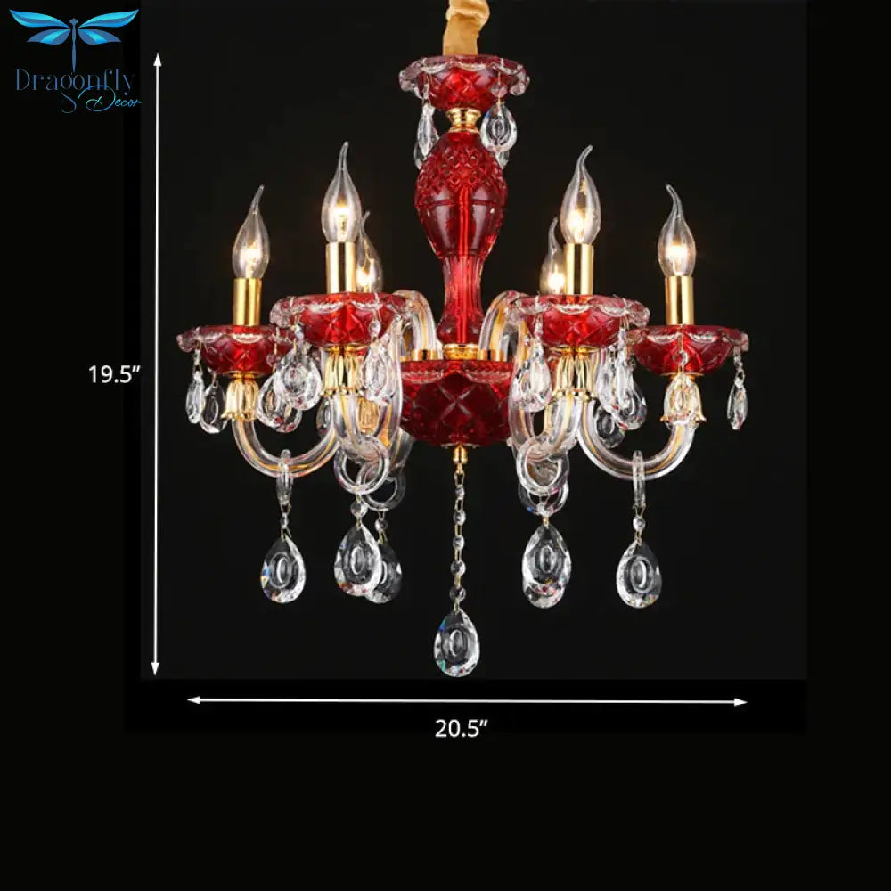 Candle Restaurant Hanging Lamp Kit Traditional Crystal Drip 6/8 Lights Red Chandelier Lighting