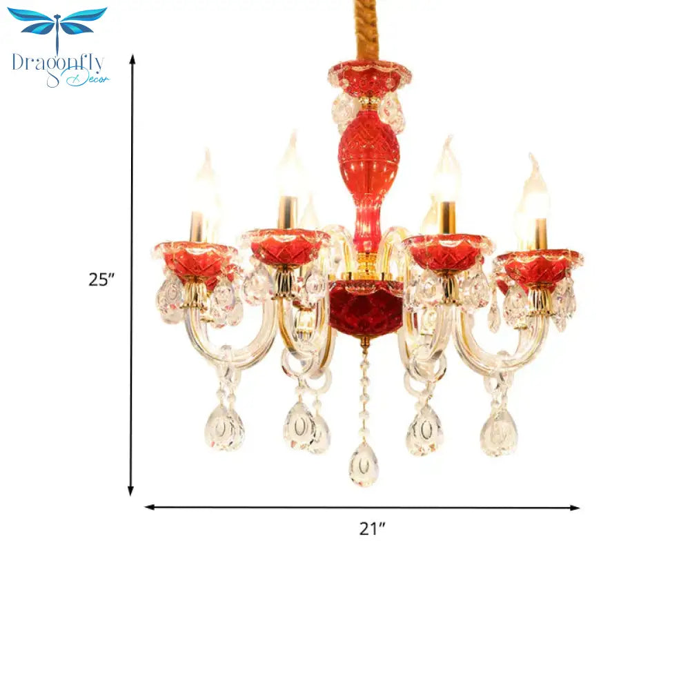 Candle Restaurant Hanging Lamp Kit Traditional Crystal Drip 6/8 Lights Red Chandelier Lighting