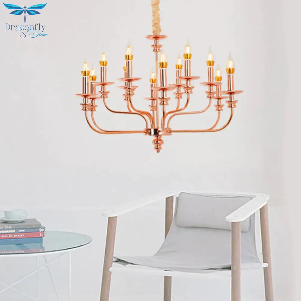 Candle - Style Living Room Pendant Chandelier Traditional Metal 12 Lights Rose Gold Hanging Light