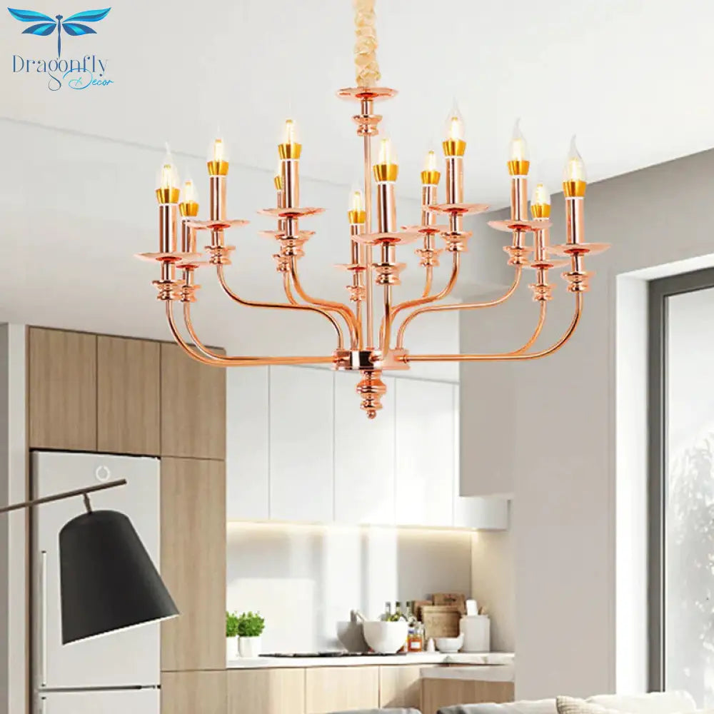 Candle - Style Living Room Pendant Chandelier Traditional Metal 12 Lights Rose Gold Hanging Light