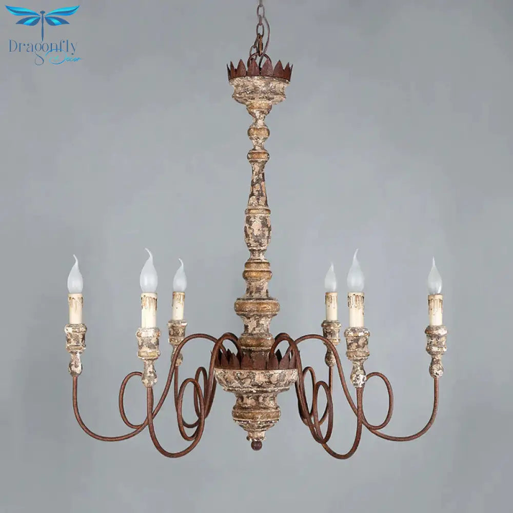 Candle Wooden Pendant Lighting Traditional 6 - Bulb Living Room Chandelier Light With Swirling Arm